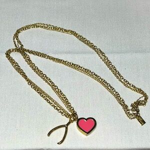 Lilly Pulitzer long Heart & Wishbone w/ tiny Pearl double chain necklace Pink